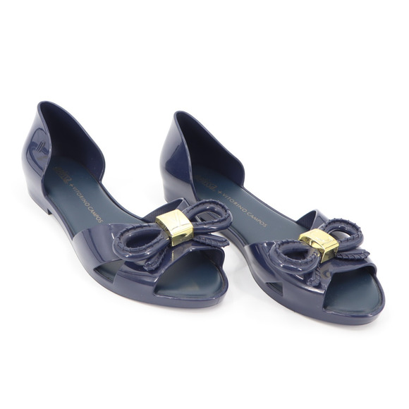 Melissa + Vitorino Campos Women's Gold Accent Open Toe Navy Jelly Flats Sz 7 - Picture 1 of 9